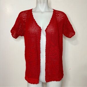 Vintage Red Floral and Bird Open Crochet Short Sleeve Cropped Cardigan
